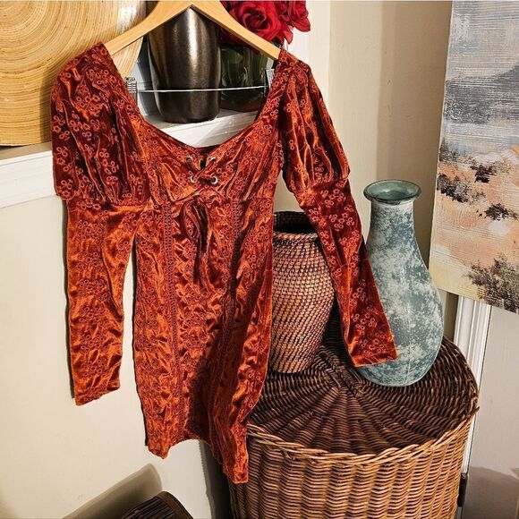 Asos Burnt Orange Velour Embroidered See Through Detail Trim Peasant Style Long - Picture 12 of 13